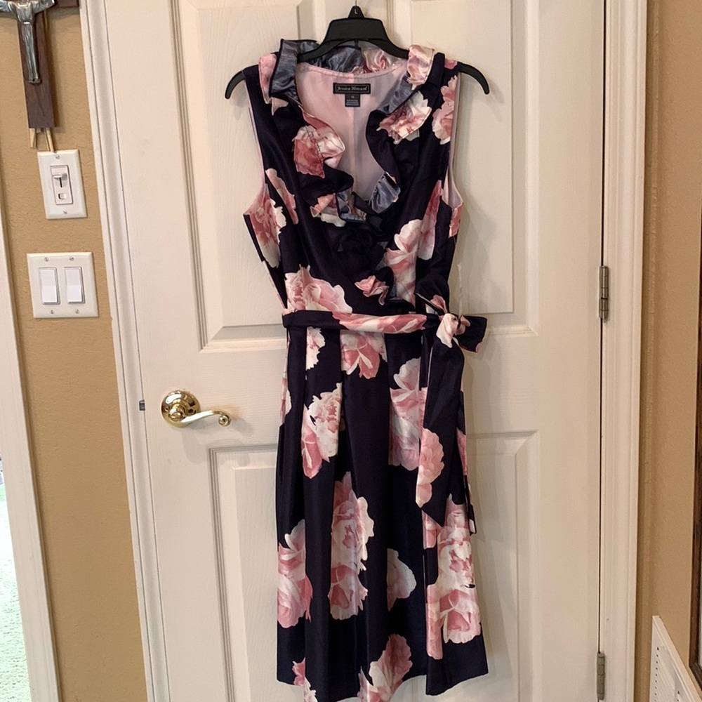 Lovely summer dress, size 12, navy blue with pink blossoms.